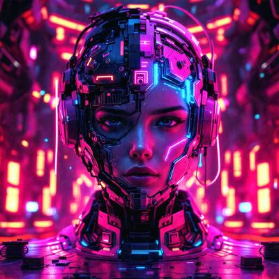 The primary subject of the image is a futuristic robotic head with a pink background. The robotic head is adorned with a variety of electronic components, giving it a high-tech appearance. The setting is a futuristic environment, likely a space station or a similar location. The visual style of the image is a combination of digital art and illustration, creating a unique and captivating scene. The colors and mood of the image are predominantly pink, which adds a sense of warmth and soft